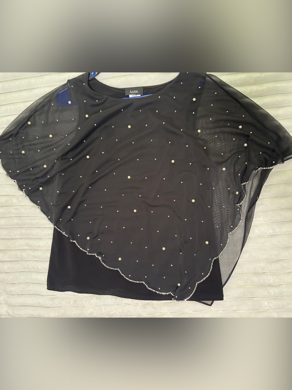 MSK Black Sheer Overlay Top and bottom. Top has Pearl and rhinestone Accents
